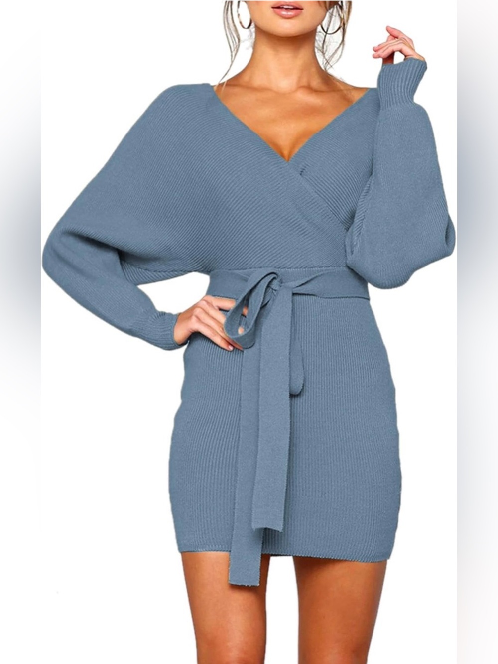 V-Neck Ribbed Knit Sweater Dress with Waist Tie - Blue - NWOT